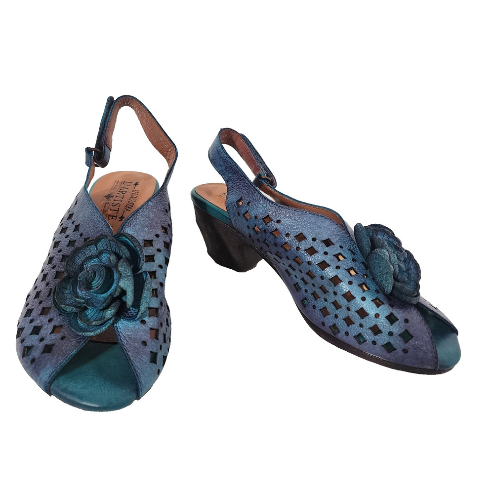 Spring Step L'Artiste Lovella Blum Leather Rosette Slingback Sandals Shoes 39/8
